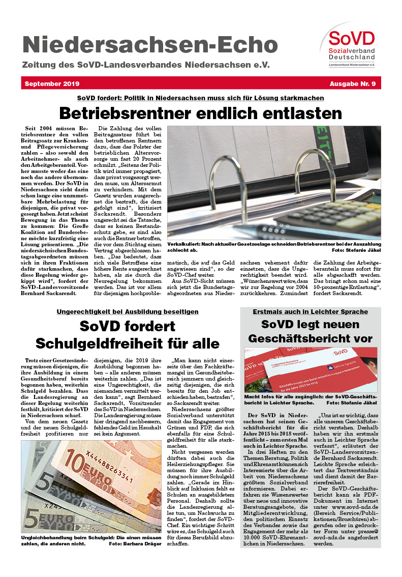SoVD Zeitung; Ausgabe Nr.9/September 2019 - Seite 1