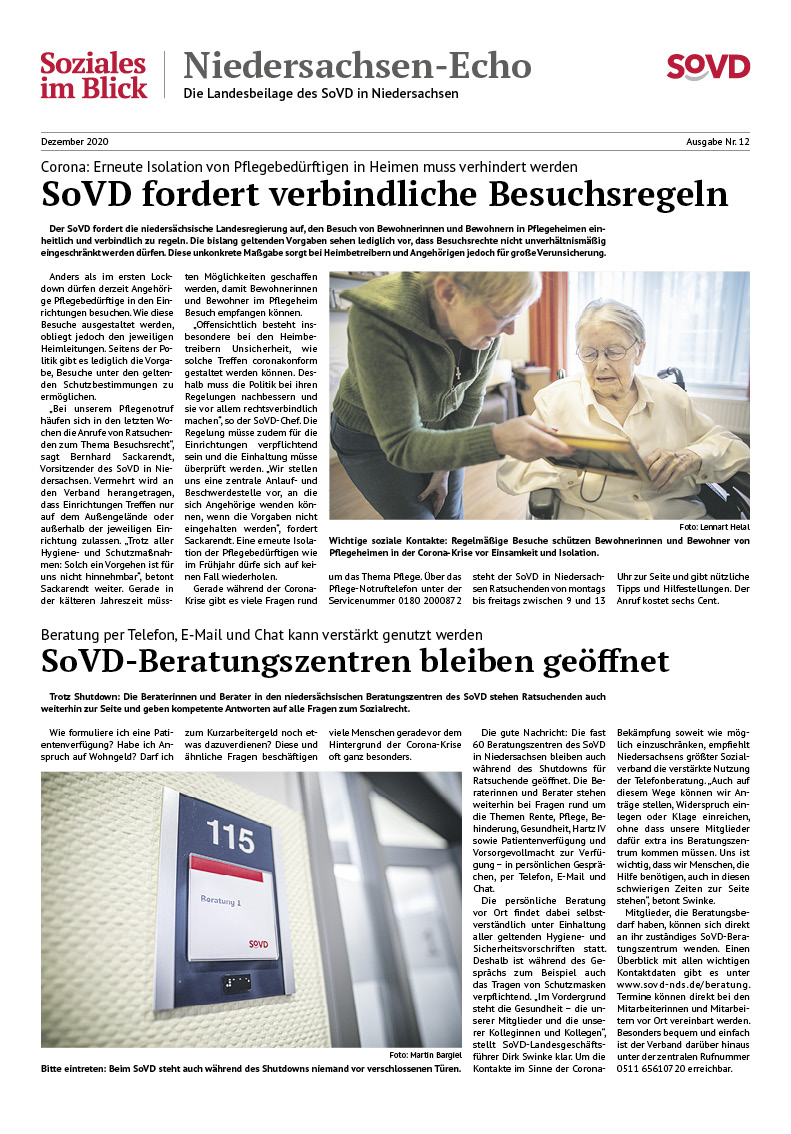 SoVD Zeitung; Ausgabe Nr.12/Dezember 2020 - Seite 1