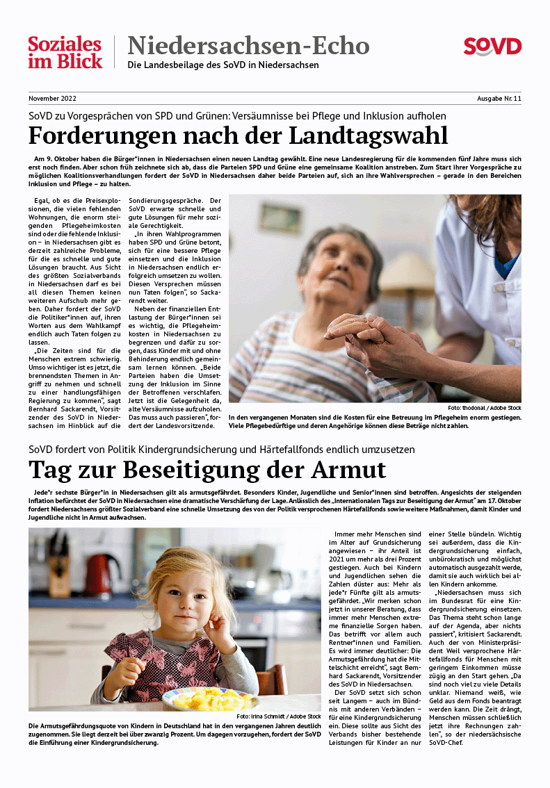 SoVD Zeitung; Ausgabe Nr.11/November 2022 - Seite 1